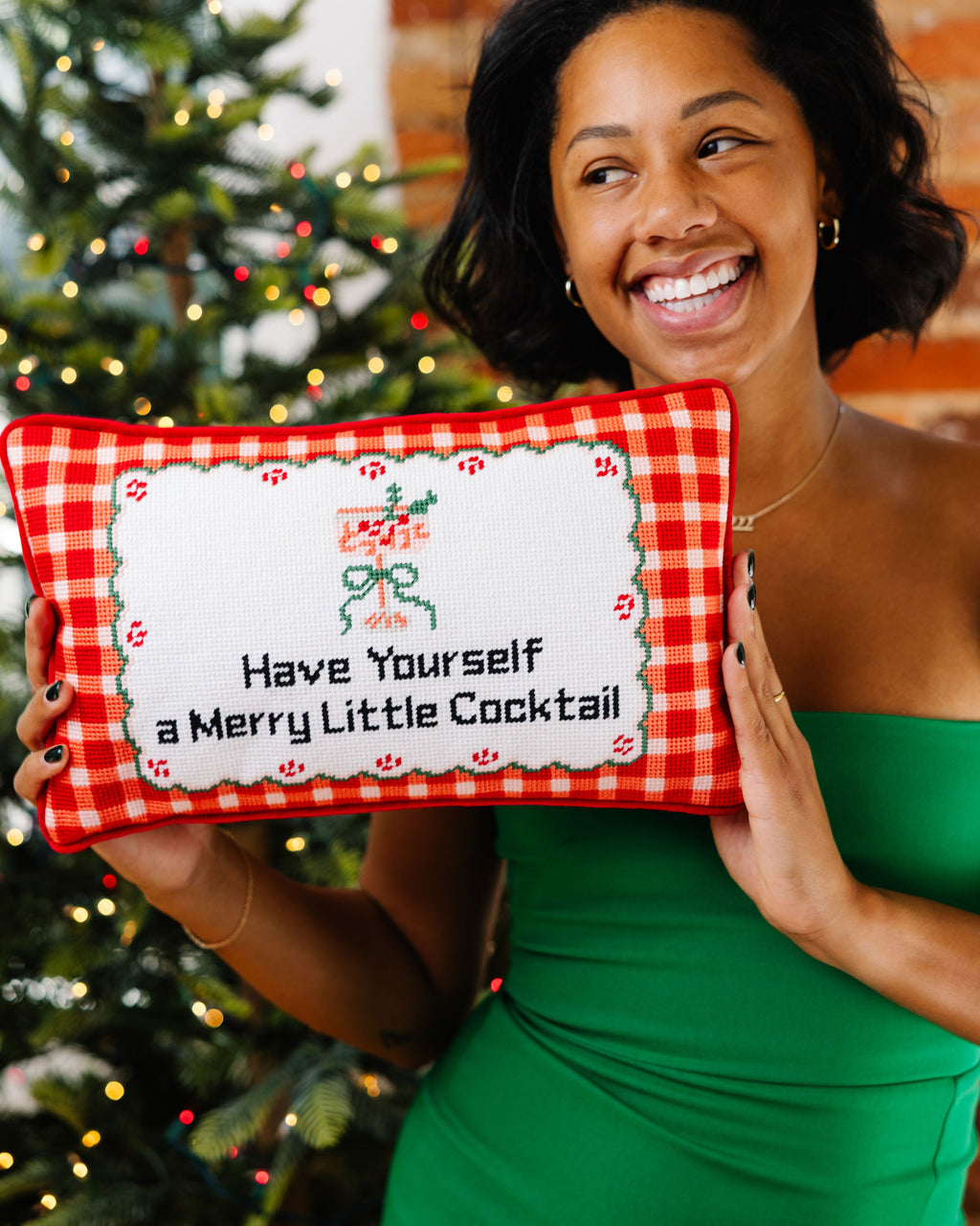 Merry Little Cocktail Needlepoint Pillow
