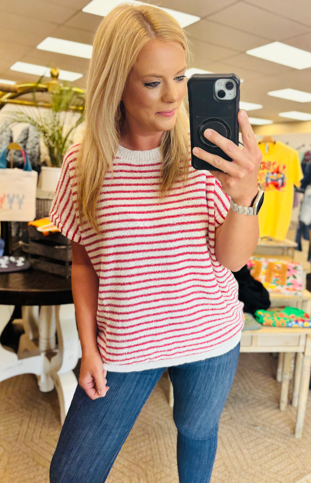 White & Red Striped Top