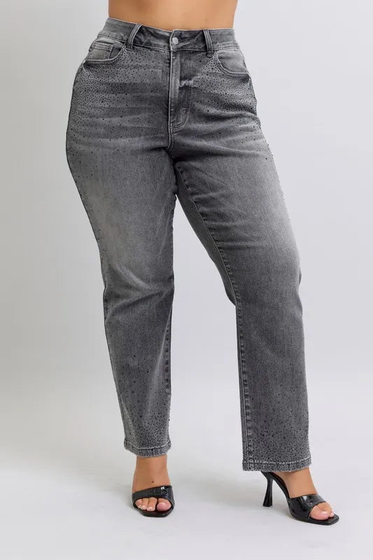 Judy Blue Full Size High Waist Rhinestone Straight Jeans Plus Size