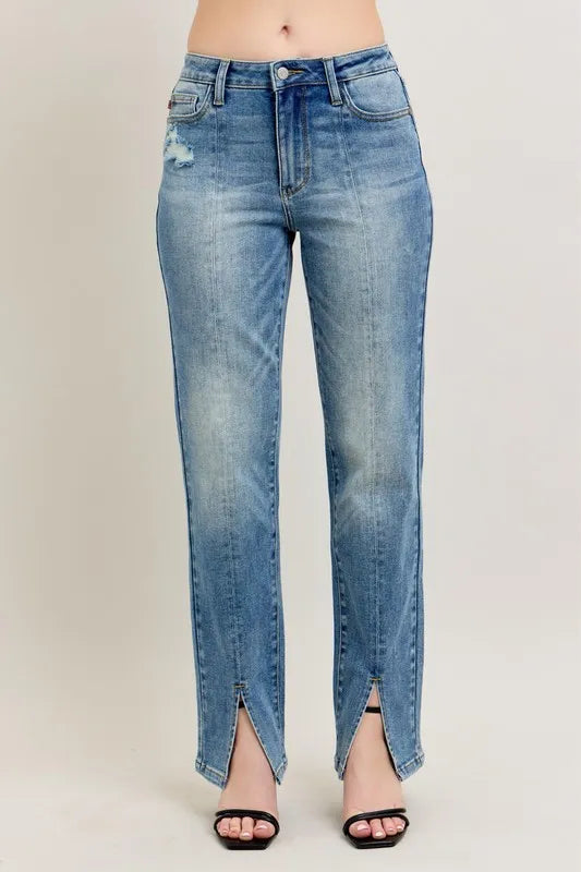 Judy Blue Full Size High Waist Vintage Wash Front Seam & Slit Straight Plus Size