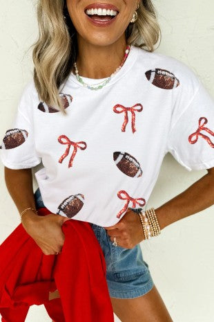 Football Red Ribbon Sequin Patch Tee