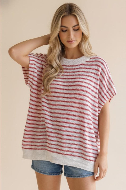 White & Red Striped Top