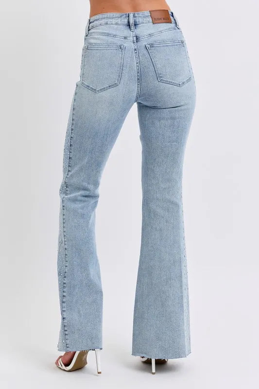 Judy Blue Full Size Mid Rise Rhinestone Side Panel Detail Flare Jeans Plus Size
