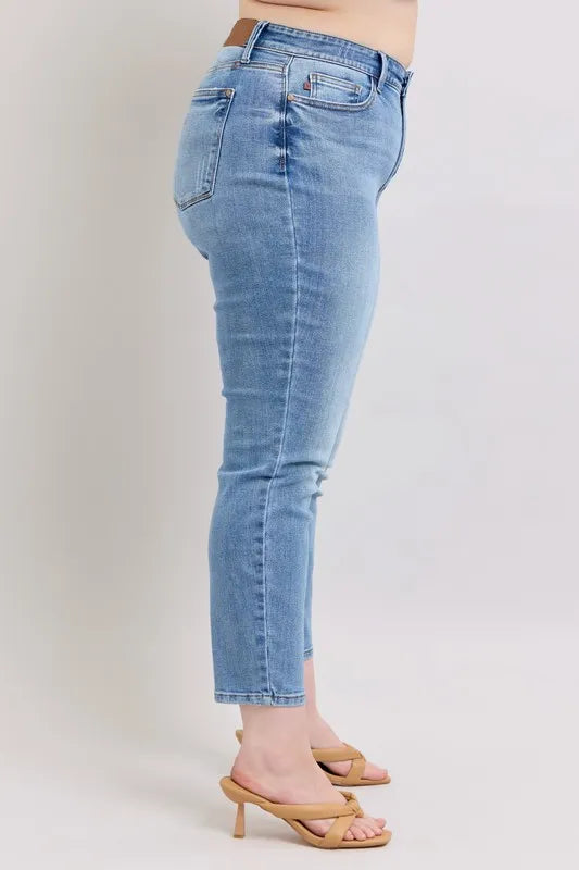 Judy Blue Full Size Mid Rise Vintage Wash Slim Jeans with Cell Phone Pocket Plus Size